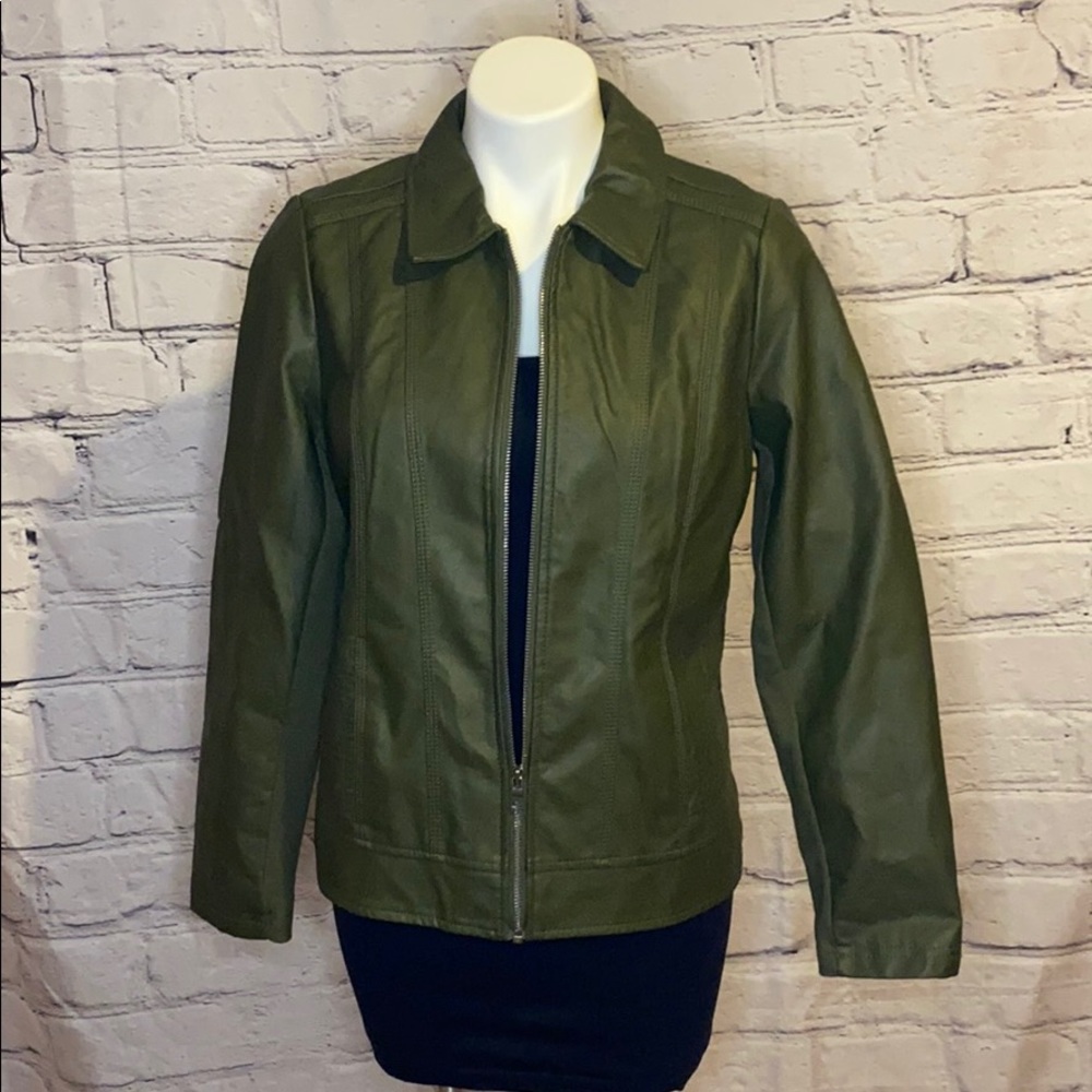 NWT Faux leather dark green zipper jacket
